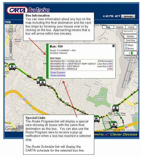 Bus Information - You can view information about any bus on the map including the final destination and the next few stops by clicking on the bus. Special Links - The Route Progress link will display a special view showing all buses with the same final destination as this bus.  You can also use that view to receive a pop-up notification when a bus has reached a selected stop. The Route Schedule link will display the SRTA schedule for the selected bus line.