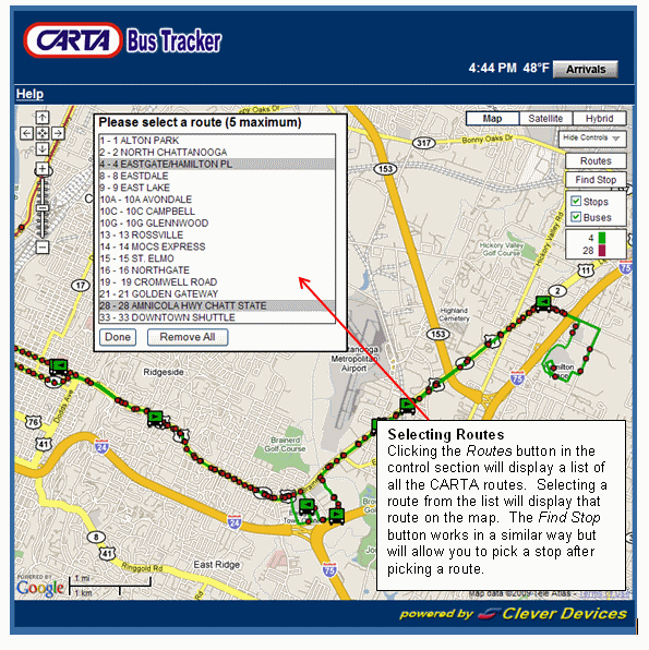Selecting Routes - Clicking the Routes button in the control section will display a list of all the SRTA routes.  Selecting a route from the list will display that route on the map.  The Find Stop button works in a similar way but will allow you to pick a stop after picking a route.